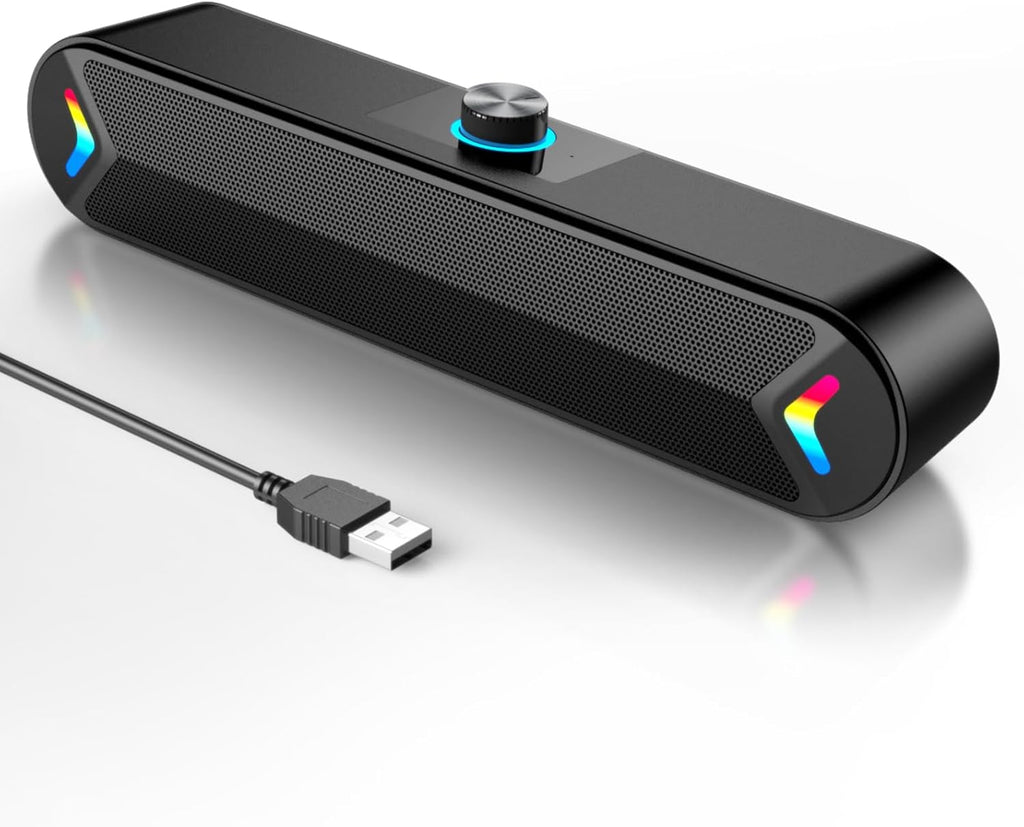 VIRELITHA-USB Powered Desktop Soundbar Stereo Speaker RGB Lighting Top Volume Knob Plug and Play