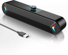 Load image into Gallery viewer, VIRELITHA-USB Powered Desktop Soundbar Stereo Speaker RGB Lighting Top Volume Knob Plug and Play