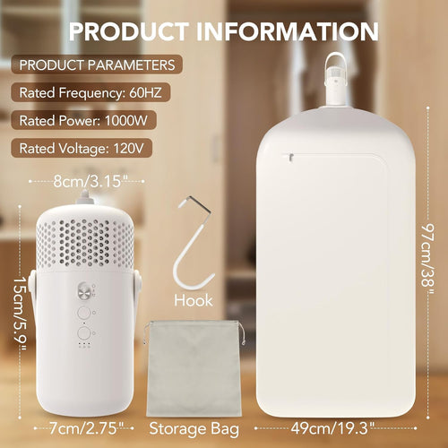 VIRELITHA-Portable Clothes Dryer Hanging Design 1000W Hot Air Drying with Drying Bag and Hook for Home Apartment Dorm