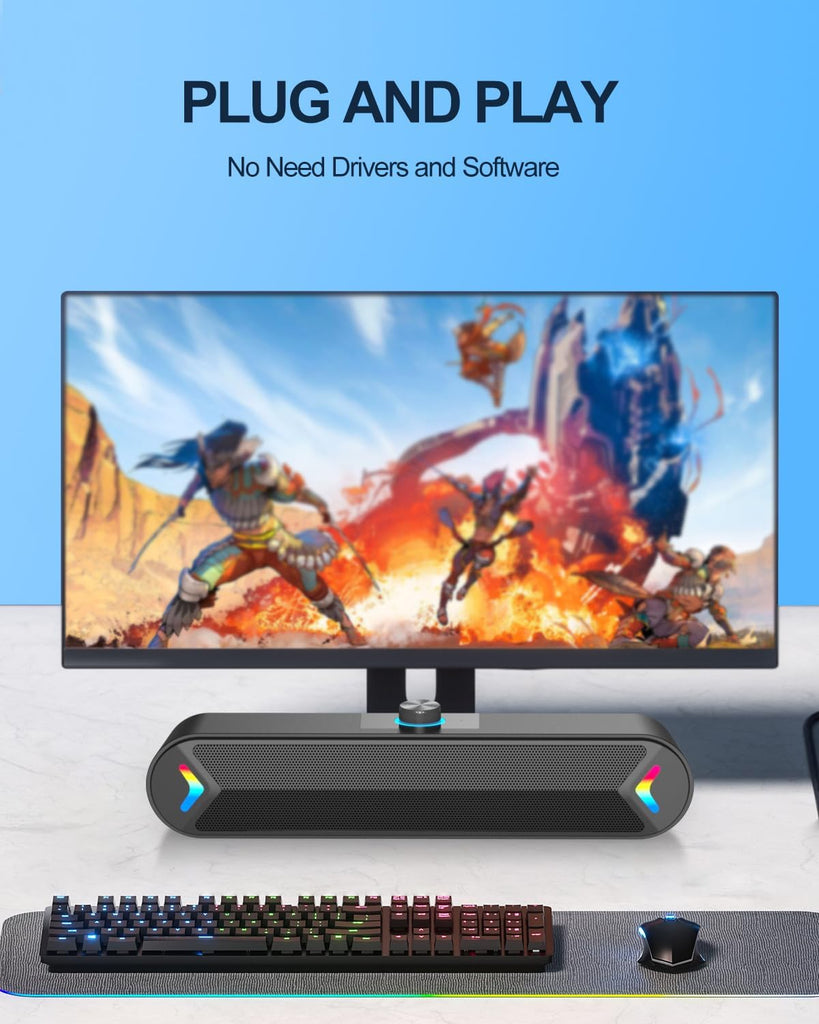 VIRELITHA-USB Powered Desktop Soundbar Stereo Speaker RGB Lighting Top Volume Knob Plug and Play