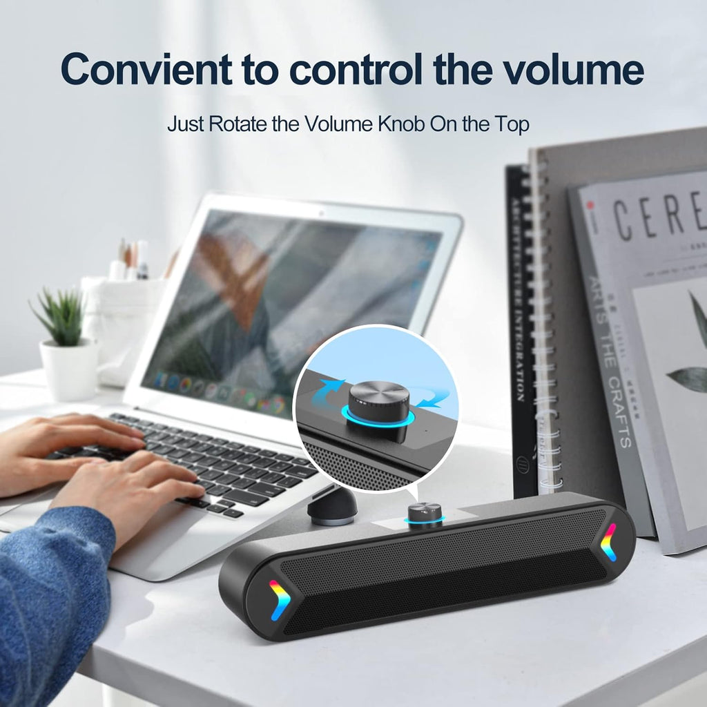 VIRELITHA-USB Powered Desktop Soundbar Stereo Speaker RGB Lighting Top Volume Knob Plug and Play