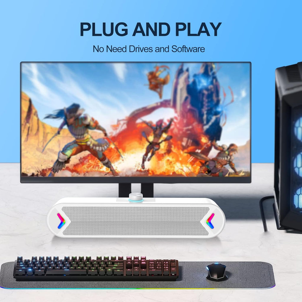 VIRELITHA-USB Powered Desktop Soundbar Stereo Speaker RGB Lighting Top Volume Knob Plug and Play