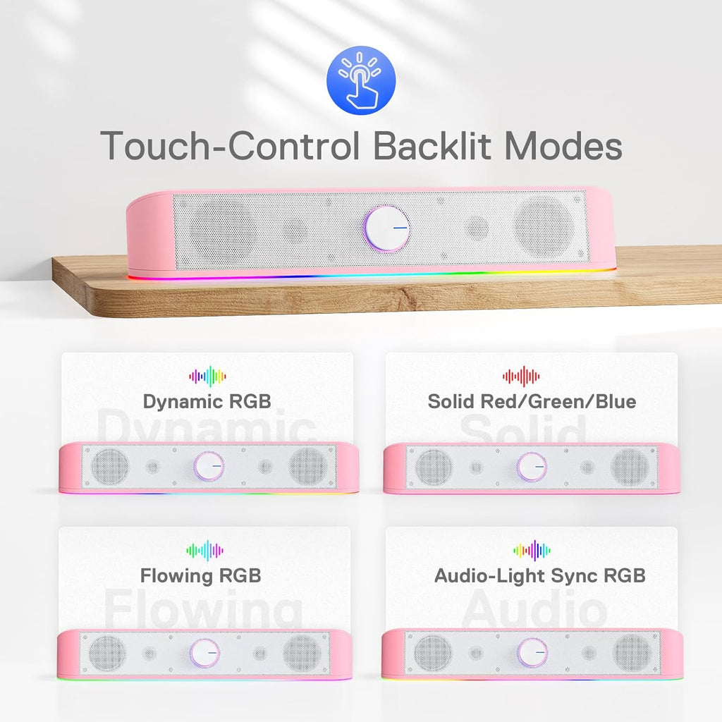 VIRELITHA-RGB Desktop Soundbar Dual Speaker Stereo Touch Control Lighting USB Powered for Computer and Desk Setup