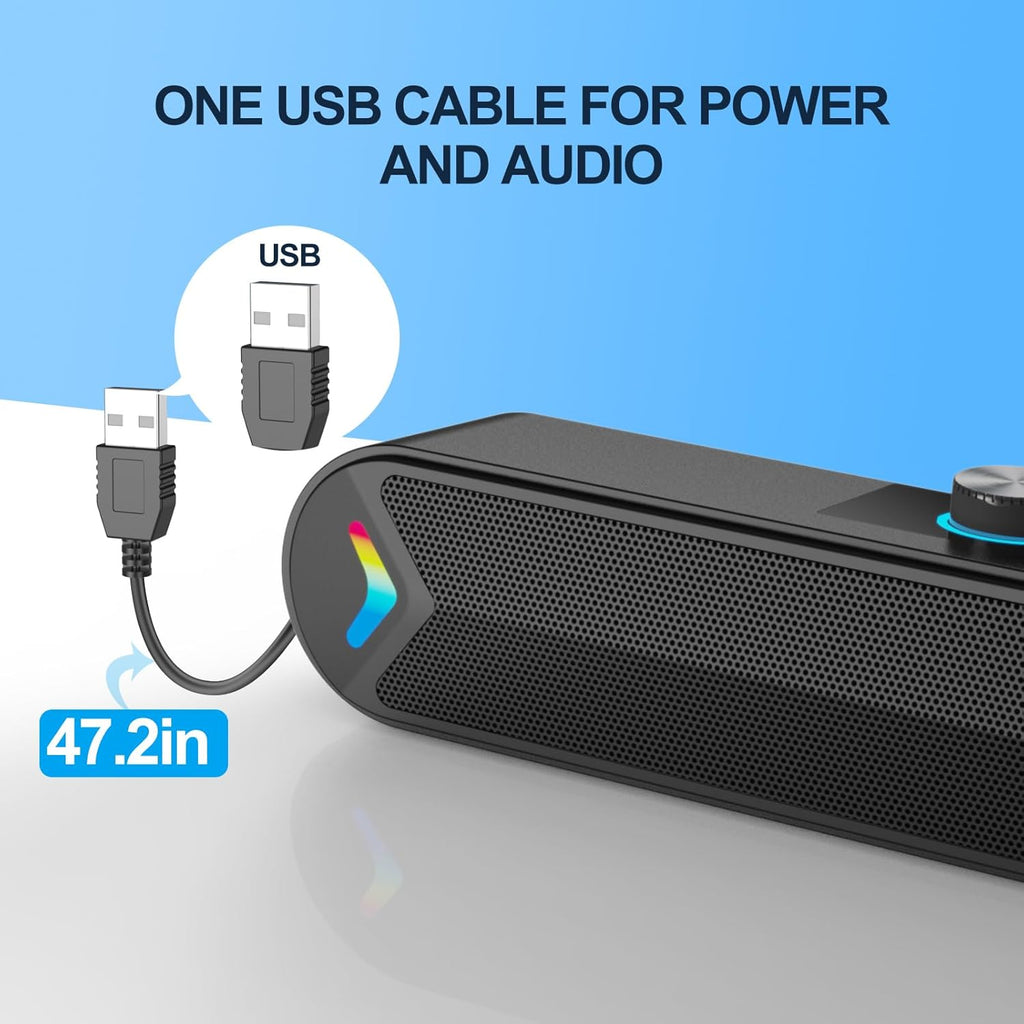 VIRELITHA-USB Powered Desktop Soundbar Stereo Speaker RGB Lighting Top Volume Knob Plug and Play